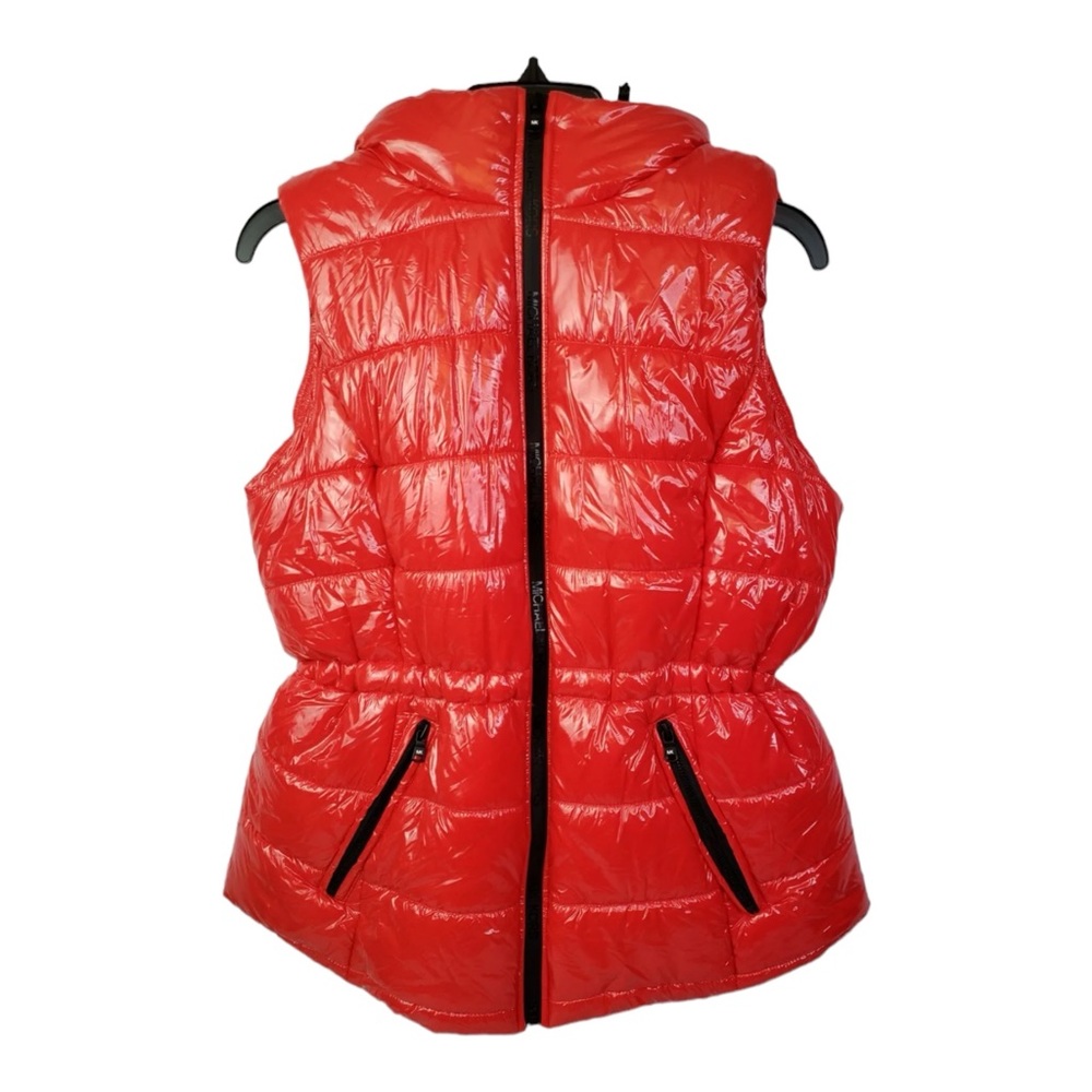 NWOT Michael Kors Red Puffy Vest Jacket With Removable Hood Size M